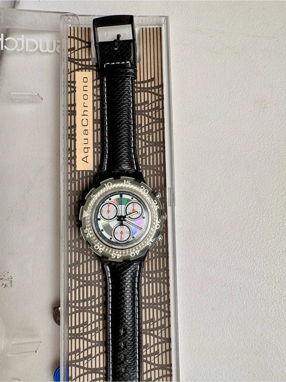 Swatch Iridescent Dial Chronograph with Black Leather Strap
